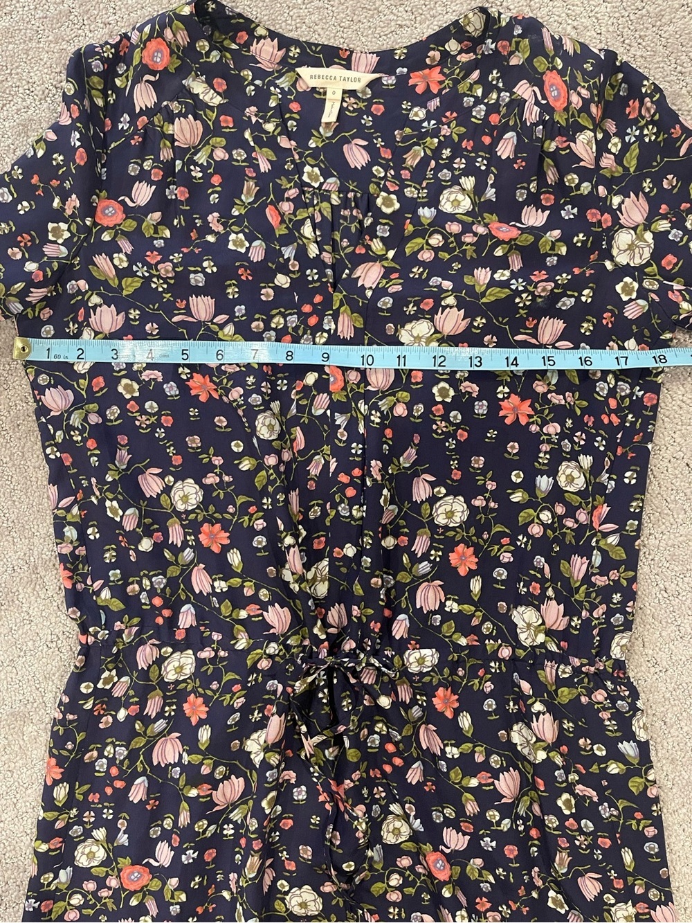 Rebecca Taylor Navy Floral Mini Dress, Long Sleeve,100% Silk,Drawstring Waist, 0 - Picture 8 of 16